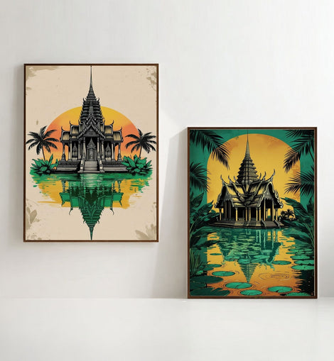 Thai Temple Wall Art Set of 2 Printable, Tropical Asian Architecture Prints, Modern Wall Decor, Digital Download