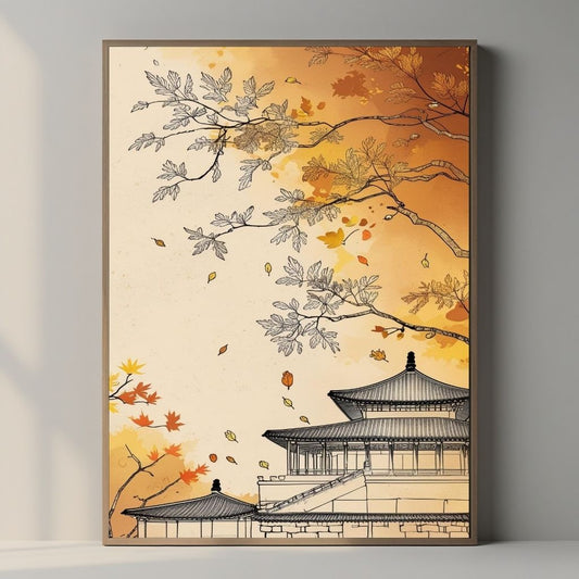 Arte de pared imprimible de templo japonés, póster de pagoda de otoño, decoración de paisaje asiático, impresión de arquitectura zen, impresión de descarga digital