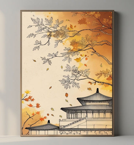 Japanese Temple Wall Art Printable, Autumn Pagoda Poster, Asian Landscape Decor, Zen Architecture Print, Digital Download Print