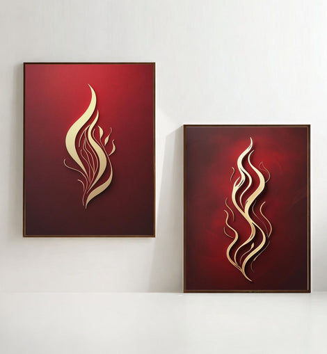 Red & Gold Abstract Flame Wall Art Set of 2 | Modern Fire Artwork | Luxury Red Minimalist Prints | Contemporary Abstract Decor | Burgundy Gold Wall Art | Digital Download
