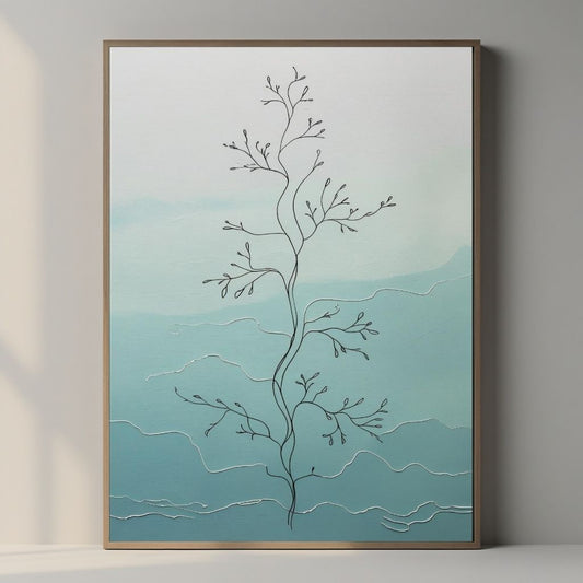 Arte de pared botánico de línea minimalista imprimible, dibujo lineal moderno de plantas, decoración de naturaleza escandinava, póster abstracto azul de descarga digital