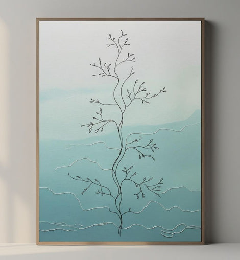 Minimal Line Botanical Wall Art Printable, Modern Line Drawing Plant Print, Scandinavian Nature Decor, Blue Abstract Digital Download Poster