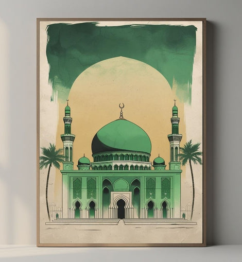 Islamic Wall Art Printable, Green Mosque Architecture Poster, Modern Mosque Wall Decor, Islamic Digital Print, Digital Download