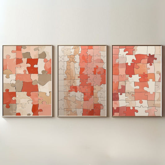 Set de arte de pared de rompecabezas abstracto de 3 | Láminas de rompecabezas geométricos modernos | Decoración contemporánea coral beige | Pared de galería minimalista | Descarga digital