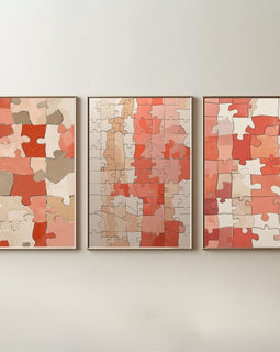 Abstract Puzzle Wall Art Set of 3 | Modern Geometric Puzzle Prints | Coral Beige Contemporary Decor | Minimalist Gallery Wall | Digital Download