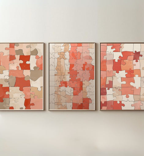 Abstract Puzzle Wall Art Set of 3 | Modern Geometric Puzzle Prints | Coral Beige Contemporary Decor | Minimalist Gallery Wall | Digital Download