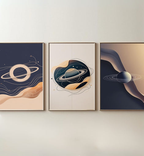 Planet Wall Art Set of 3 Printable, Modern Space Wall Decor, Minimalist Celestial Poster Set, Digital Download