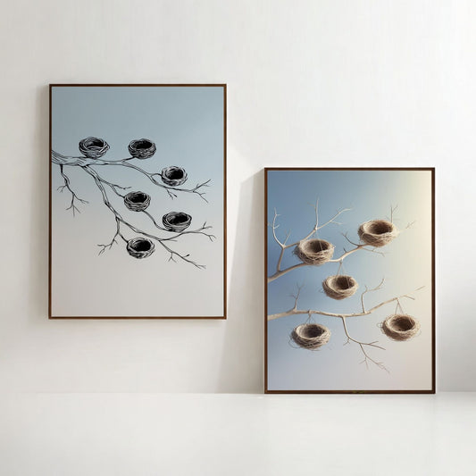 Juego de 2 láminas imprimibles de arte de pared Nido de pájaro, Láminas de ramas botánicas, Decoración rústica del hogar con naturaleza, Descarga digital
