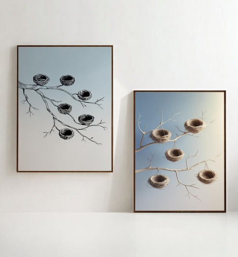Bird Nest Wall Art Set of 2 Printable, Botanical Branch Prints, Rustic Nature Home Decor, Digital Download