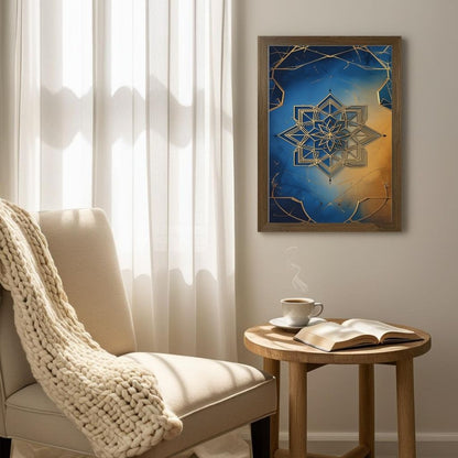 Islamic Geometric Wall Art Printable, Blue Gold Mandala Pattern Print, Modern Islamic Home Decor, Digital Download