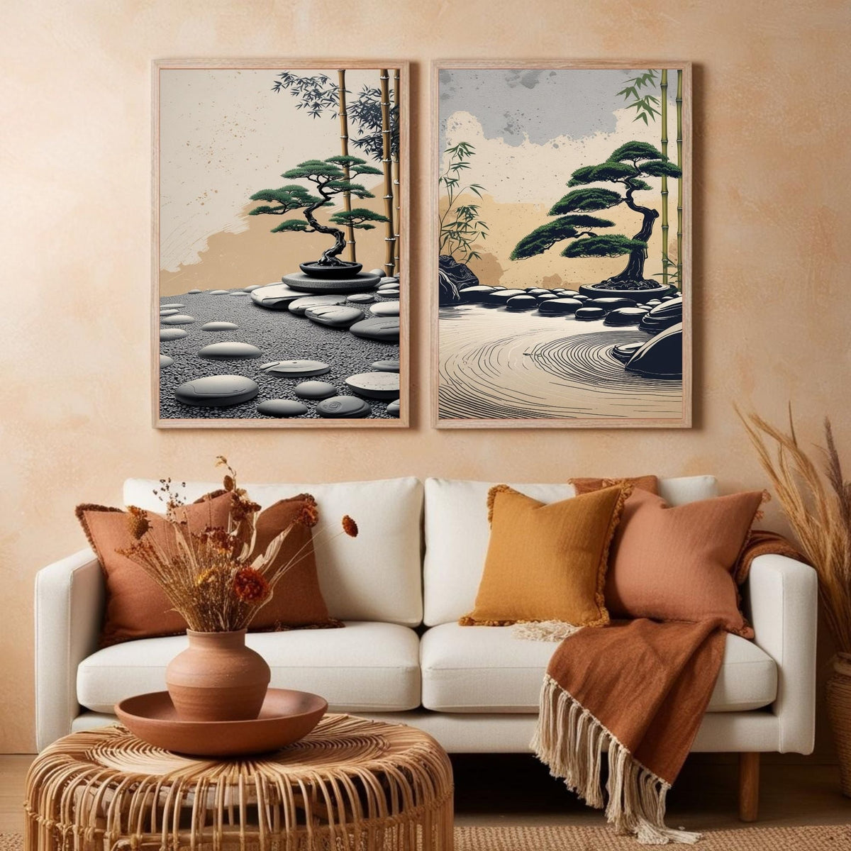 Juego de 2 láminas de arte de pared de jardín zen, impresiones de bonsái japonés, decoración de pared minimalista, descarga digital