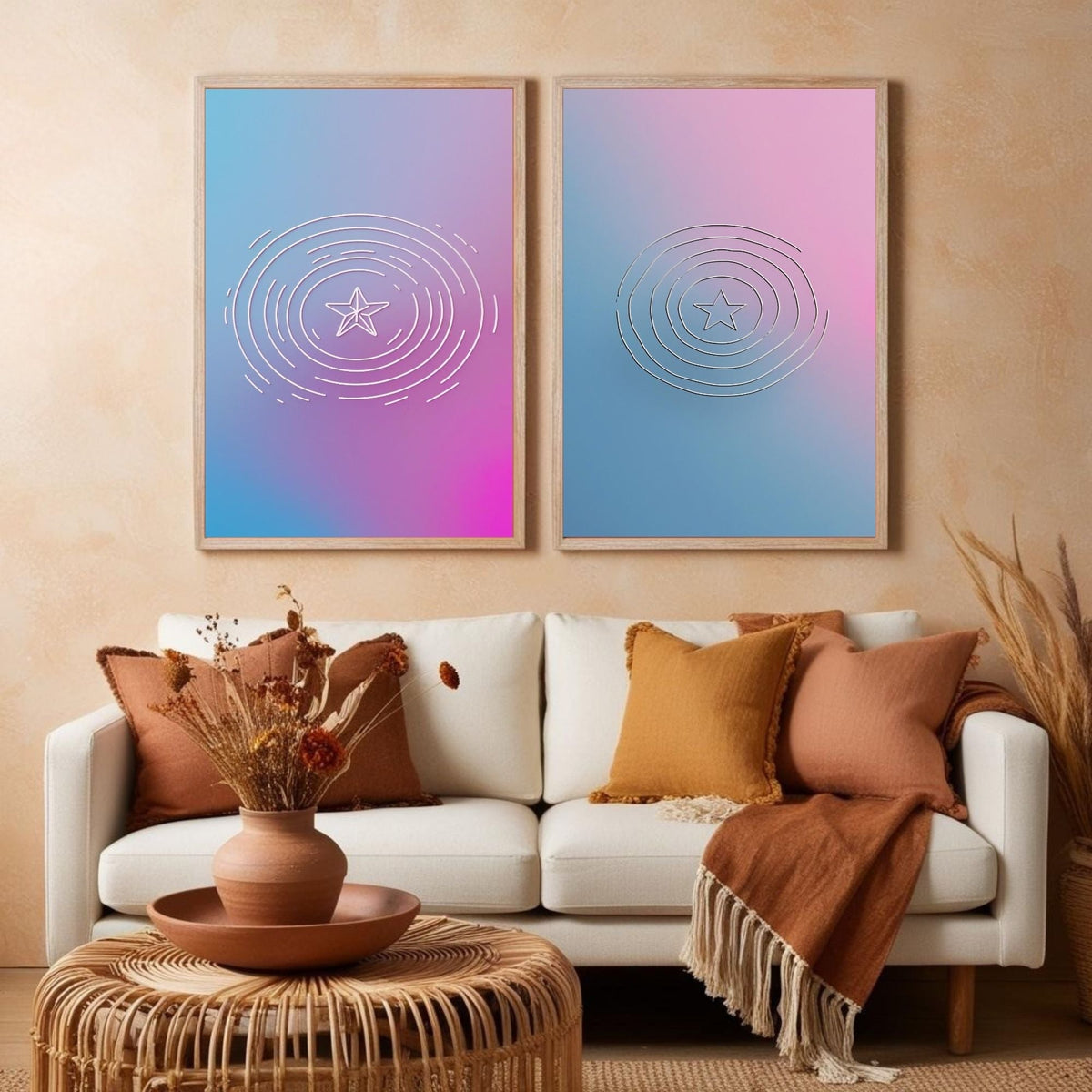 Geometric Gradient Wall Art Set of 2 Printable, Modern Abstract Pastel Circle Prints, Contemporary Minimalist Home Decor, Digital Download