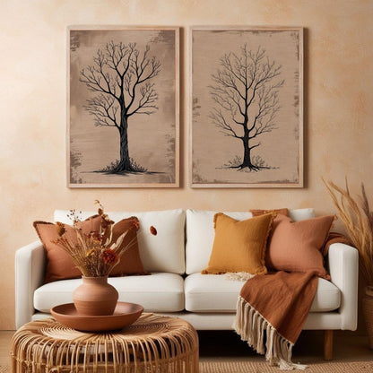 Bare Tree Wall Art Set of 2 Printable, Rustic Botanical Prints, Neutral Nature Decor, Scandinavian Minimalist Artwork