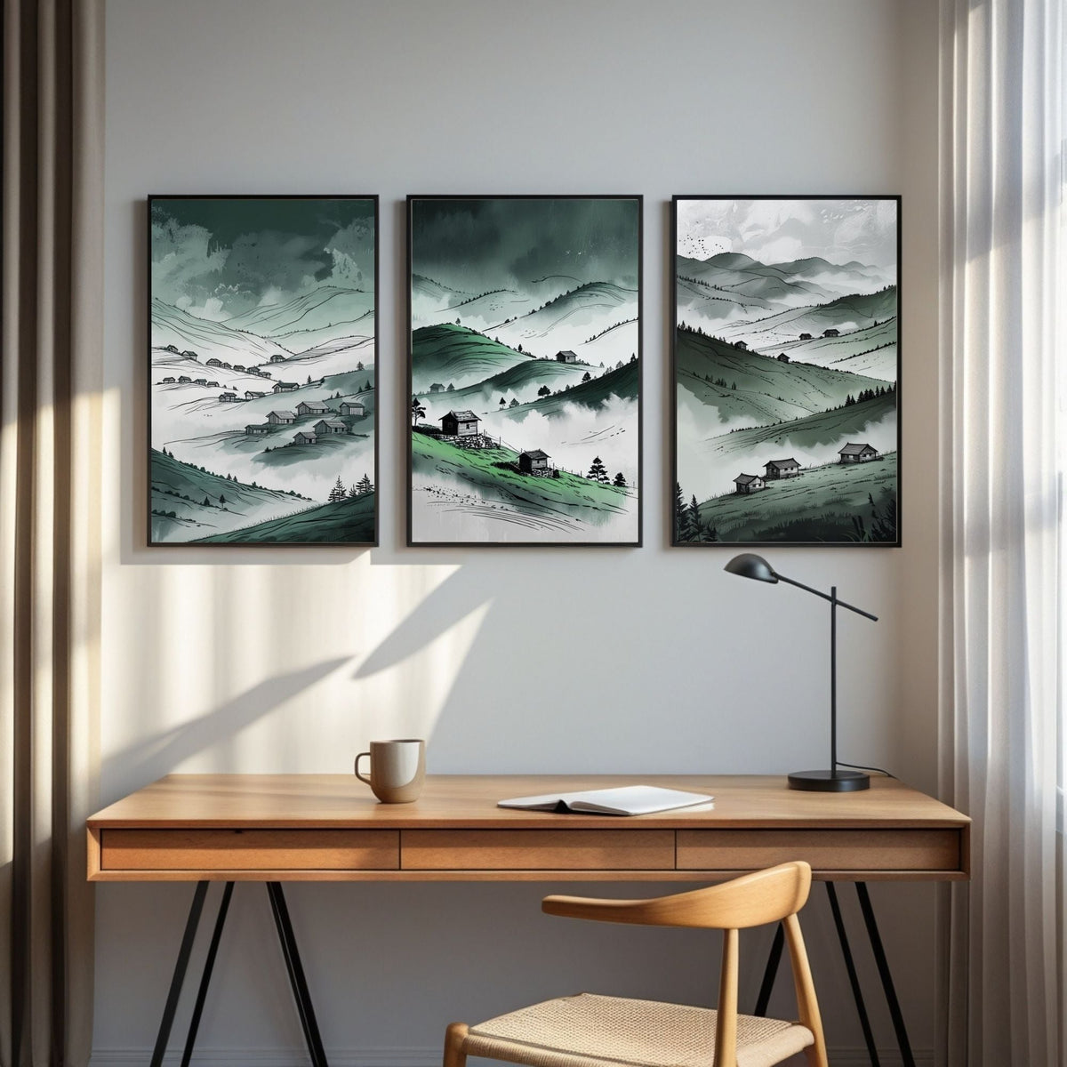 Juego de 3 cuadros de pared Valle de la Montaña Verde | Láminas de paisajes de colinas neblinosas | Decoración rústica campestre | Descarga digital