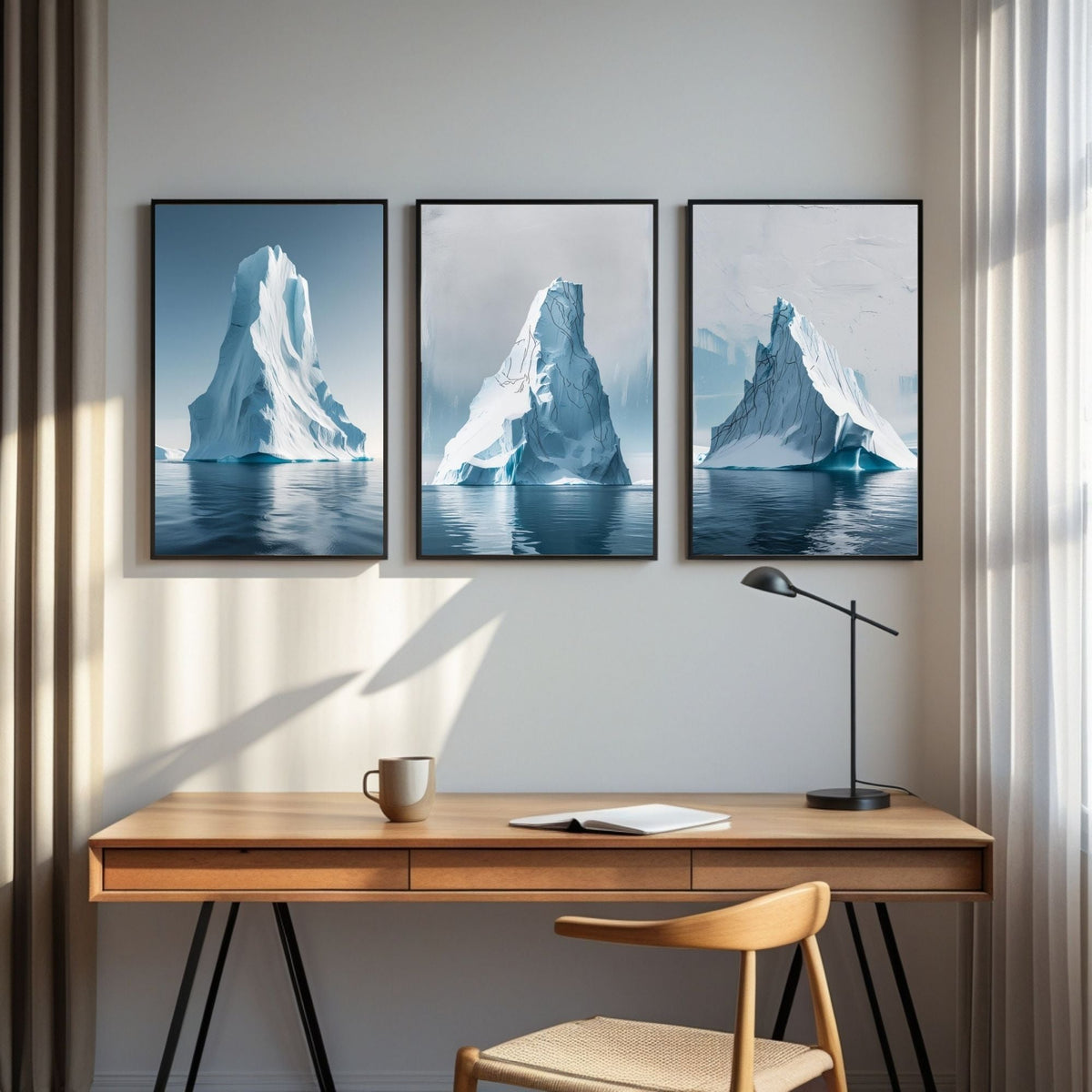 Set de 3 impresiones artísticas de pared con iceberg, láminas de paisajes del océano Ártico, decoración de pared minimalista costera, descarga digital