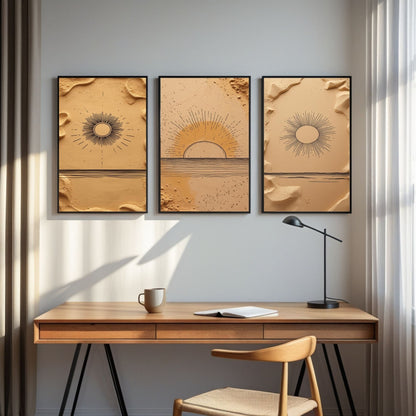 Boho Sun Wall Art Set of 3 | Minimalist Desert Sunrise Prints | Neutral Beige Abstract Decor | Digital Download