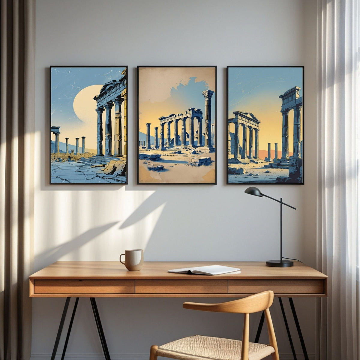 Set de 3 impresiones de arte mural de ruinas griegas antiguas | Láminas de arquitectura clásica | Decoración de templos históricos | Obras de arte antiguas mediterráneas | Descarga digital
