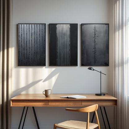 Set de 3 cuadros de arte de pared minimalistas en negro | Láminas abstractas modernas de líneas | Decoración monocromática contemporánea | Descarga digital