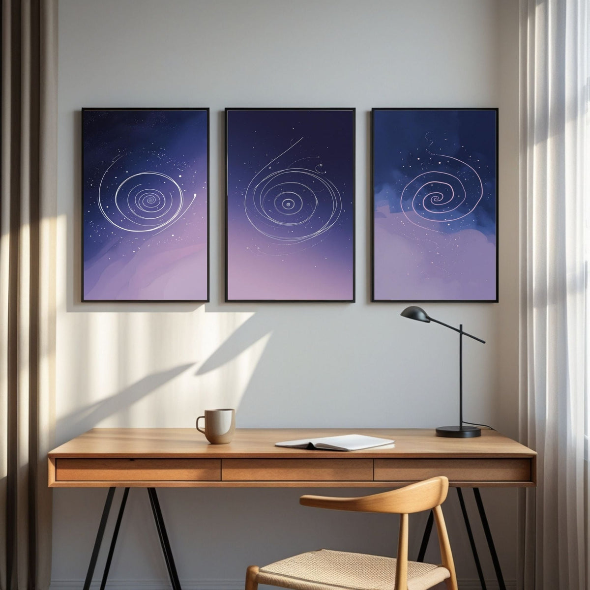 Celestial Spiral Wall Art Set of 3 | Purple Galaxy Printable Art | Cosmic Minimalist Decor | Abstract Space Wall Art | Modern Bedroom Poster Set | Digital Download
