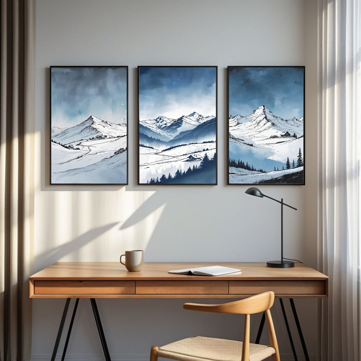 Set de 3 Láminas de Montañas, Impresiones de Paisajes Nevados, Decoración de Pared Moderna de Naturaleza, Descarga Digital