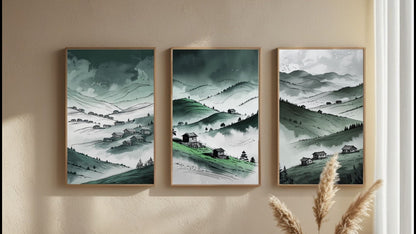 Juego de 3 cuadros de pared Valle de la Montaña Verde | Láminas de paisajes de colinas neblinosas | Decoración rústica campestre | Descarga digital