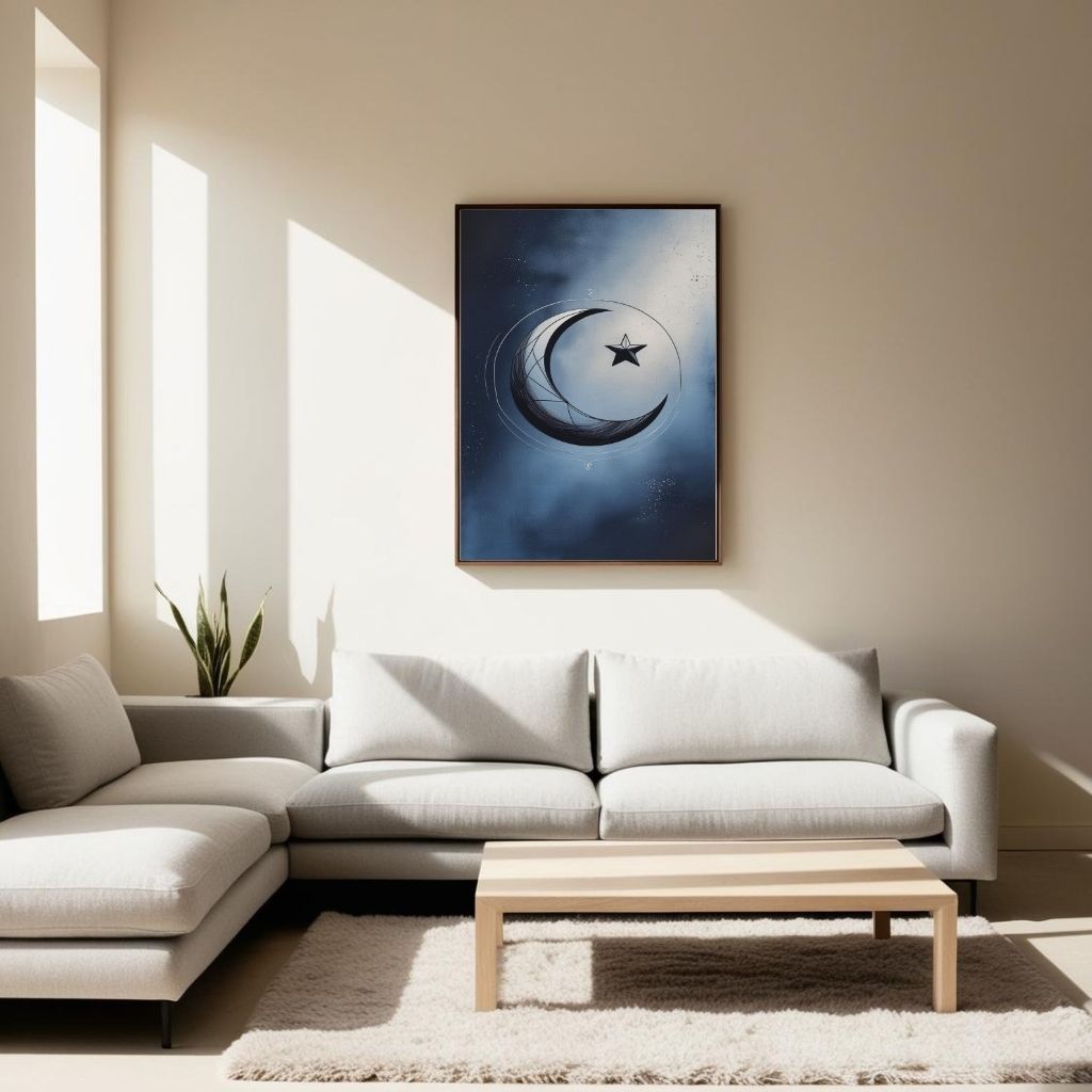 Arte de pared de luna creciente imprimible, póster de luna y estrella, decoración del hogar bohemia celestial, impresión de arte moderno, descarga digital