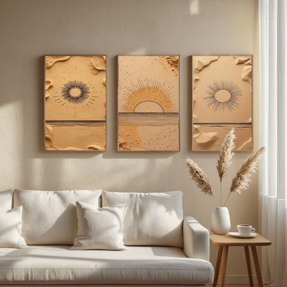 Boho Sun Wall Art Set of 3 | Minimalist Desert Sunrise Prints | Neutral Beige Abstract Decor | Digital Download