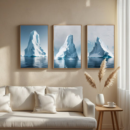 Set de 3 impresiones artísticas de pared con iceberg, láminas de paisajes del océano Ártico, decoración de pared minimalista costera, descarga digital