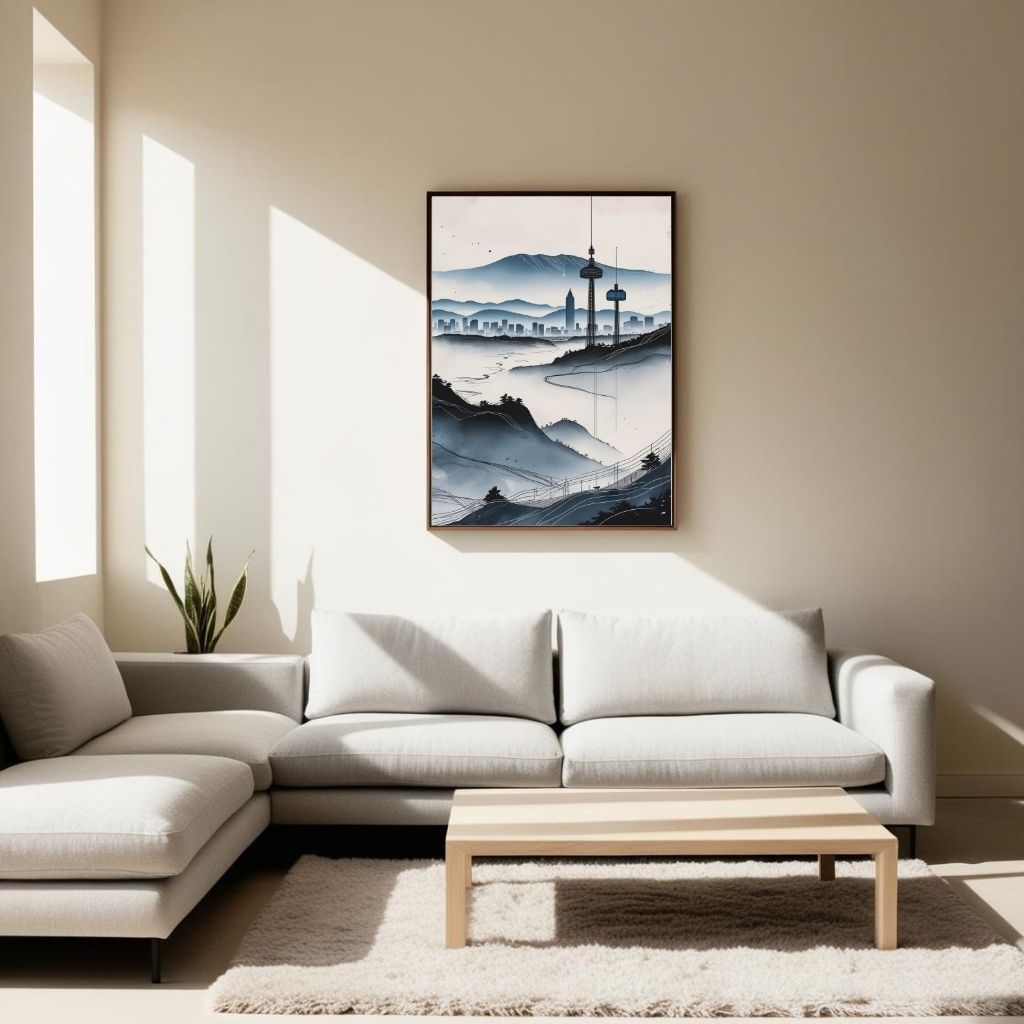 Arte de pared imprimible de paisaje urbano moderno, póster minimalista del horizonte, decoración urbana contemporánea de montaña, impresión de descarga digital