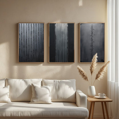 Set de 3 cuadros de arte de pared minimalistas en negro | Láminas abstractas modernas de líneas | Decoración monocromática contemporánea | Descarga digital