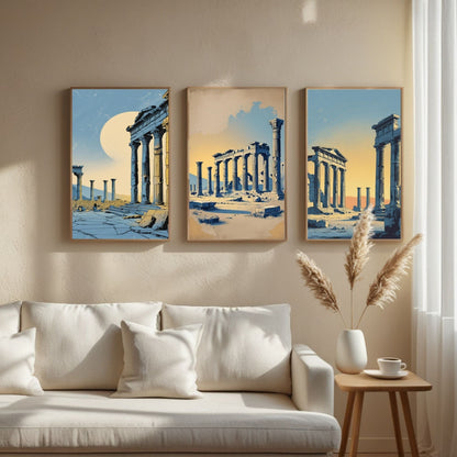 Set de 3 impresiones de arte mural de ruinas griegas antiguas | Láminas de arquitectura clásica | Decoración de templos históricos | Obras de arte antiguas mediterráneas | Descarga digital
