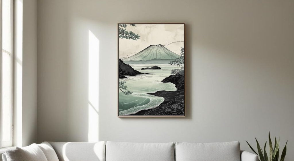 Arte de pared imprimible de paisajes volcánicos, lámina japonesa de naturaleza costera, decoración minimalista zen para el hogar, descarga digital