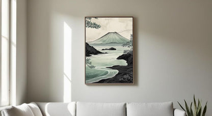Arte de pared imprimible de paisajes volcánicos, lámina japonesa de naturaleza costera, decoración minimalista zen para el hogar, descarga digital