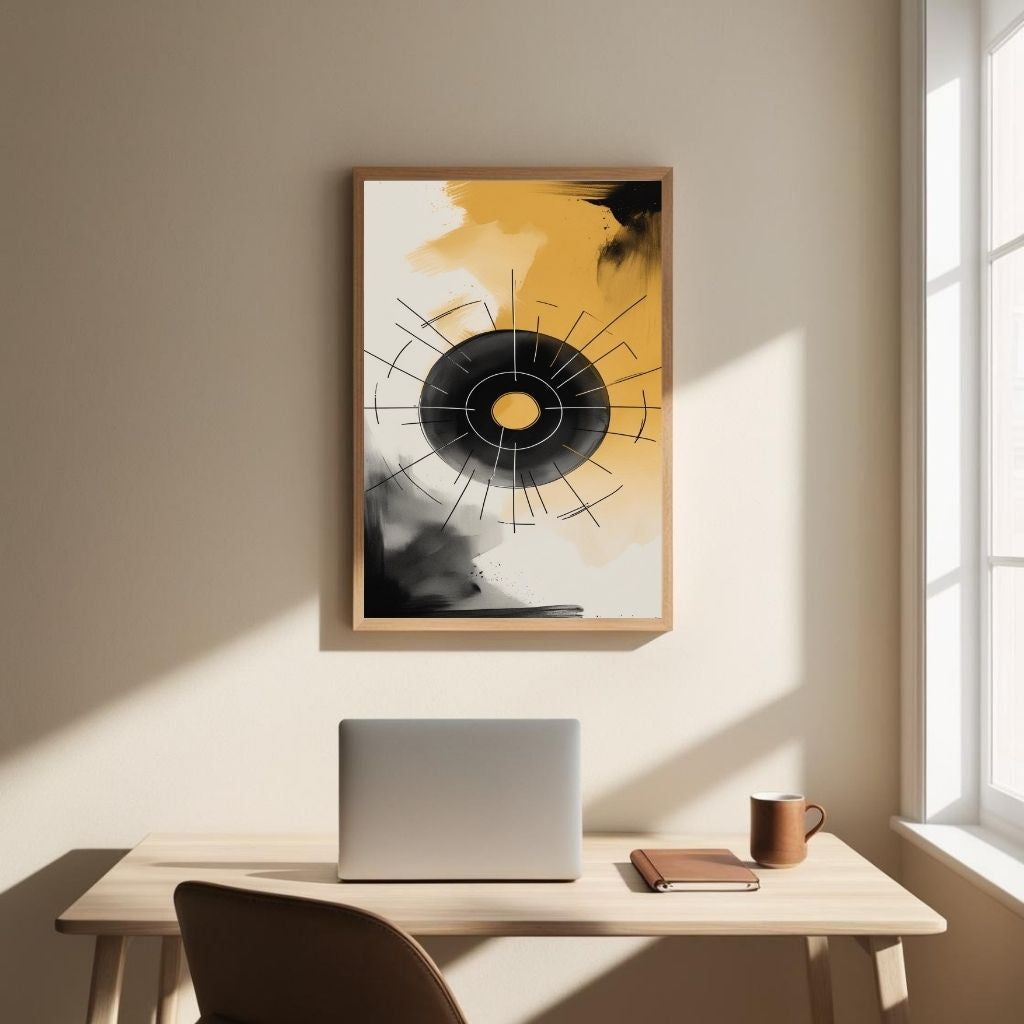 Geometric Circle Wall Art Printable, Modern Abstract Line Art Print, Black and Gold Minimalist Home Decor, Digital Download