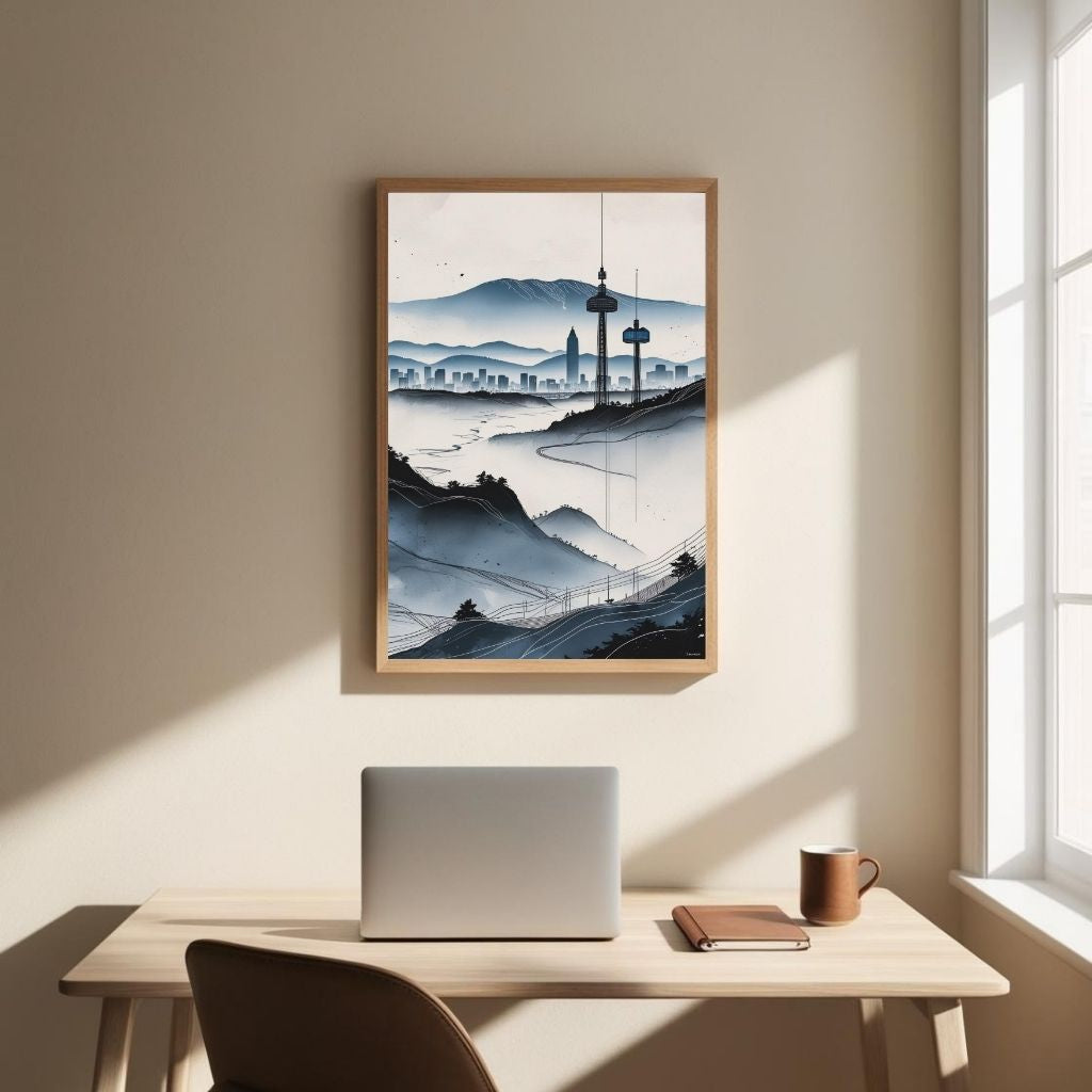 Arte de pared imprimible de paisaje urbano moderno, póster minimalista del horizonte, decoración urbana contemporánea de montaña, impresión de descarga digital