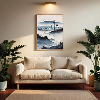 Arte de pared imprimible de paisaje urbano moderno, póster minimalista del horizonte, decoración urbana contemporánea de montaña, impresión de descarga digital