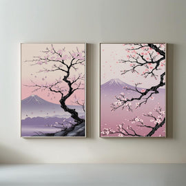 Japanese Cherry Blossom Wall Art Set of 2 | Sakura Tree Prints | Mount Fuji Landscape Decor | Pink Japanese Wall Art | Zen Nature Artwork | Digital Download