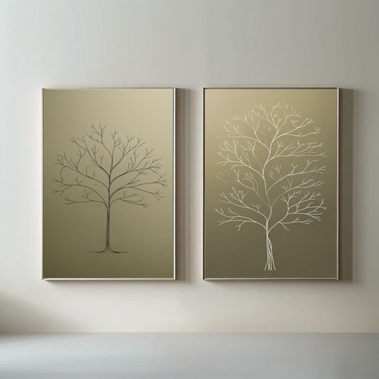 Conjunto de 2 impresiones artísticas de pared con árboles botánicos, impresiones de naturaleza escandinava minimalista, decoración del hogar neutra, descarga digital