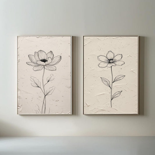 Set de 2 cuadros minimalistas de flores botánicas | Láminas de dibujos de flores en blanco y negro | Decoración floral moderna neutra | Obras de arte botánicas escandinavas | Arte de pared imprimible