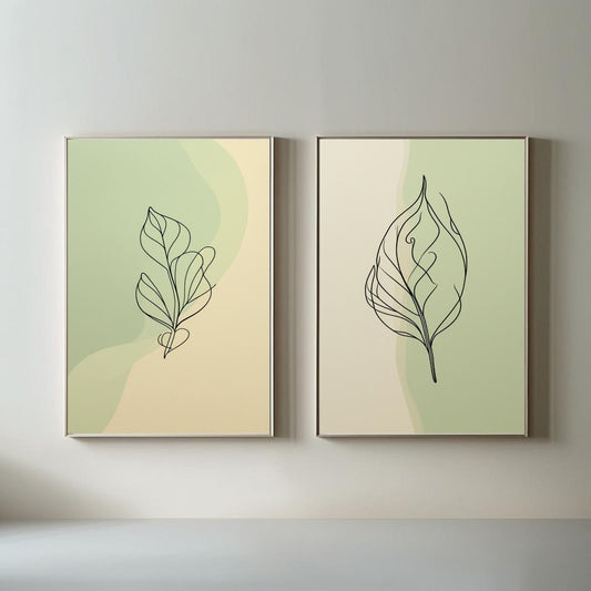 Set de 2 Cuadros Botánicos de Hojas Imprimibles, Láminas Escandinavas de Arte Lineal, Decoración del Hogar Neutra, Descarga Digital
