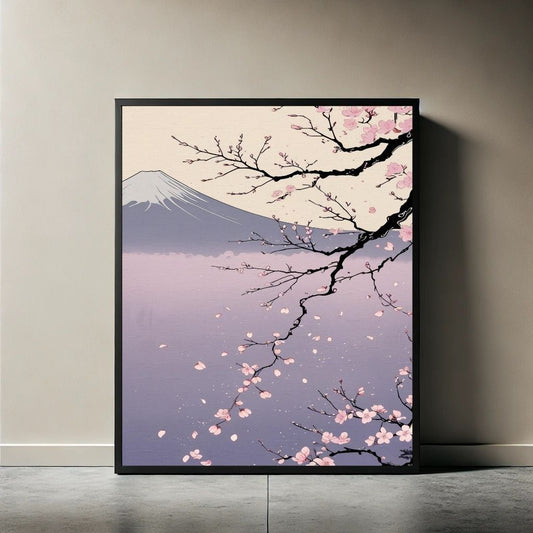 Arte de pared del Monte Fuji, lámina paisajística de flor de cerezo Sakura, decoración japonesa Zen para el hogar, póster minimalista, descarga digital