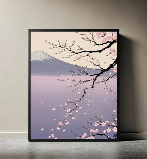 Mount Fuji Wall Art Printable, Sakura Cherry Blossom Landscape Print, Japanese Zen Home Decor, Minimalist Poster, Digital Download