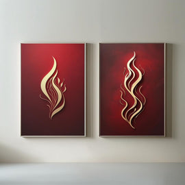 Red & Gold Abstract Flame Wall Art Set of 2 | Modern Fire Artwork | Luxury Red Minimalist Prints | Contemporary Abstract Decor | Burgundy Gold Wall Art | Digital Download