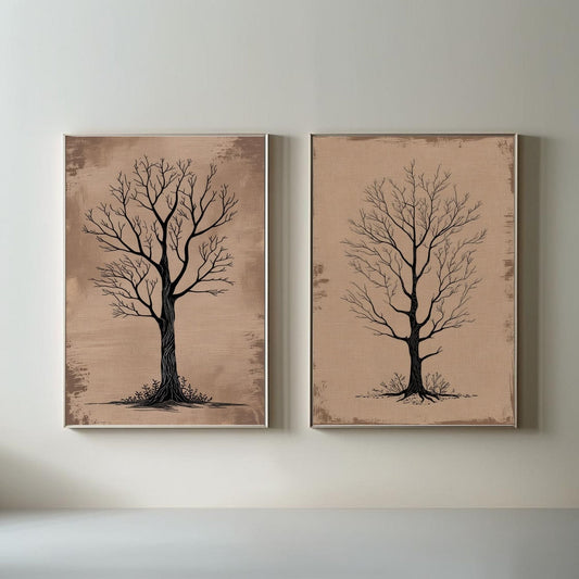 Juego de 2 impresiones artísticas de árbol desnudo, impresiones botánicas rústicas, decoración de naturaleza neutra, arte minimalista escandinavo