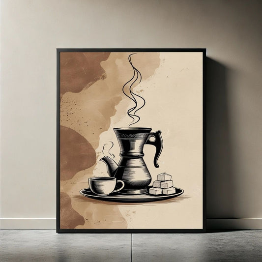 Arte de Pared de Café Turco para Imprimir, Lámina de Cocina con Cafetera Tradicional, Decoración Vintage para el Hogar, Póster Minimalista, Descarga Digital