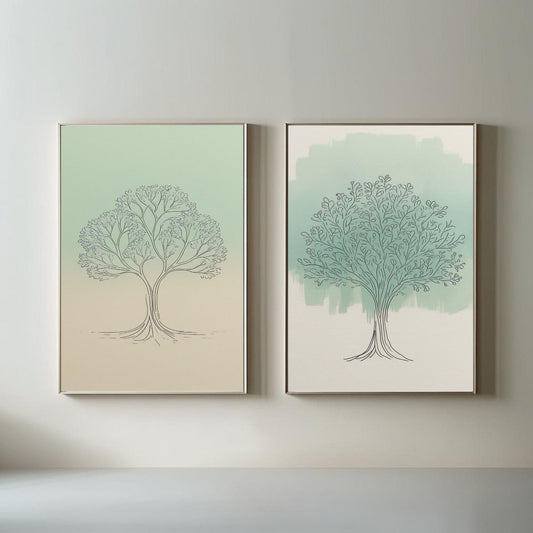 Set de 2 cuadros minimalistas de árboles | Dibujo botánico lineal para imprimir | Decoración de naturaleza verde salvia | Set de pósteres de árboles escandinavos | Arte de pared orgánico moderno | Descarga digital