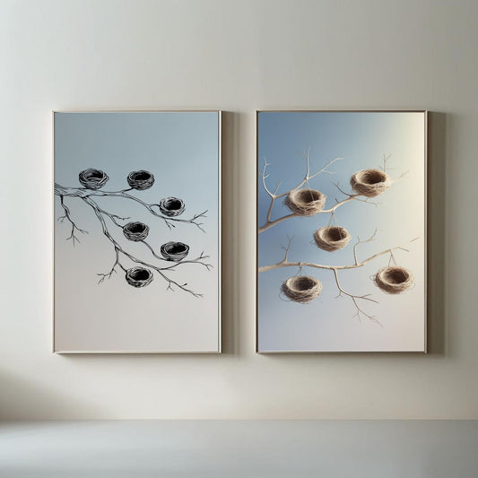 Juego de 2 láminas imprimibles de arte de pared Nido de pájaro, Láminas de ramas botánicas, Decoración rústica del hogar con naturaleza, Descarga digital