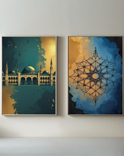 Islamic Wall Art Set of 2 | Mosque & Geometric Mandala Prints | Modern Muslim Home Decor | Blue Gold Islamic Artwork | Ramadan Eid Wall Art Printable