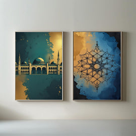 Islamic Wall Art Set of 2 | Mosque & Geometric Mandala Prints | Modern Muslim Home Decor | Blue Gold Islamic Artwork | Ramadan Eid Wall Art Printable