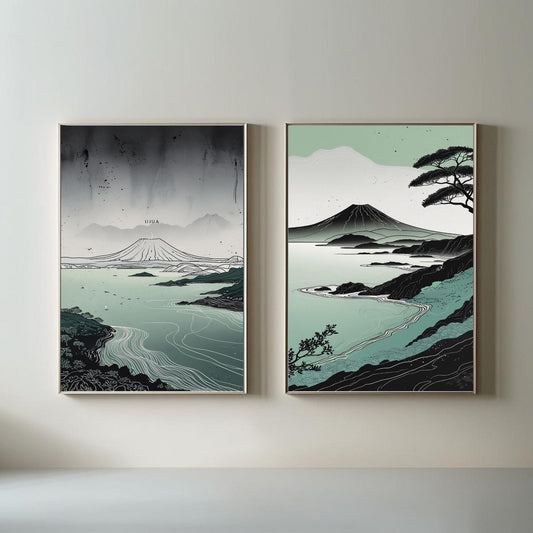 Mount Fuji Wall Art Set of 2 Japanese Coastal Landscape Prints, Zen Nature Decor, Printable Minimalist Artwork